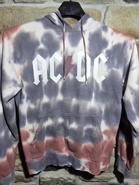 AC/DC Tie Dye Hoodie Small S Grey Rust White Rock Band Graphic Sweatshirt 2021